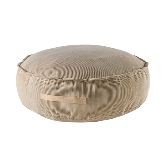 MeowBaby Corduroy Pouf Round Kids Floor Seating in Sand – страничен изглед кръгла пясъчна кадифена подова възглавница | Nestling