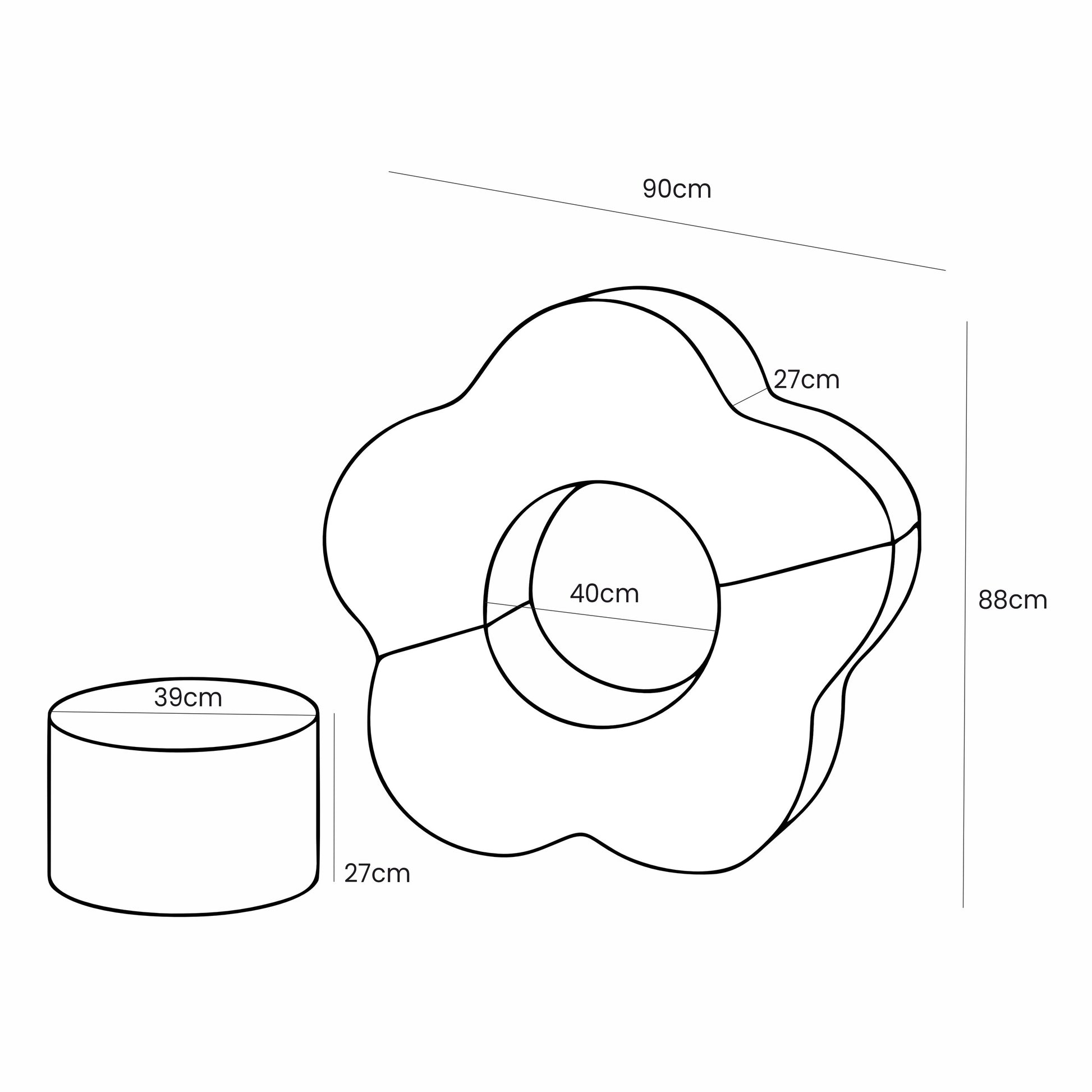 MeowBaby Foam Flower Shape Set – Bearly Cream – dimensions diagram 90x88cm flower, 39x27cm cylinder | Nestling
