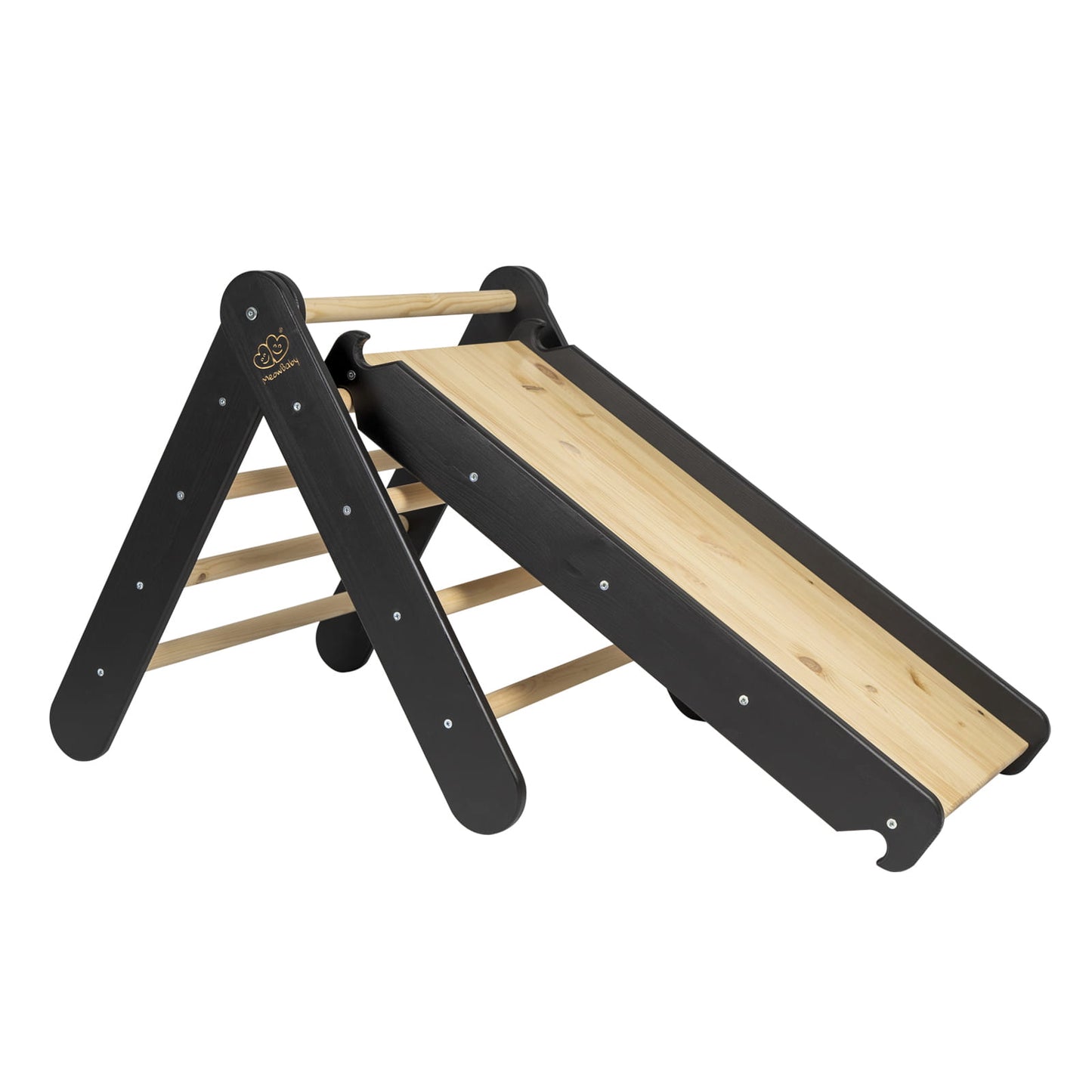 MeowBaby Kids Ladder with Slide and Climbing Wall Black – family assembled black wooden gym | Nestling