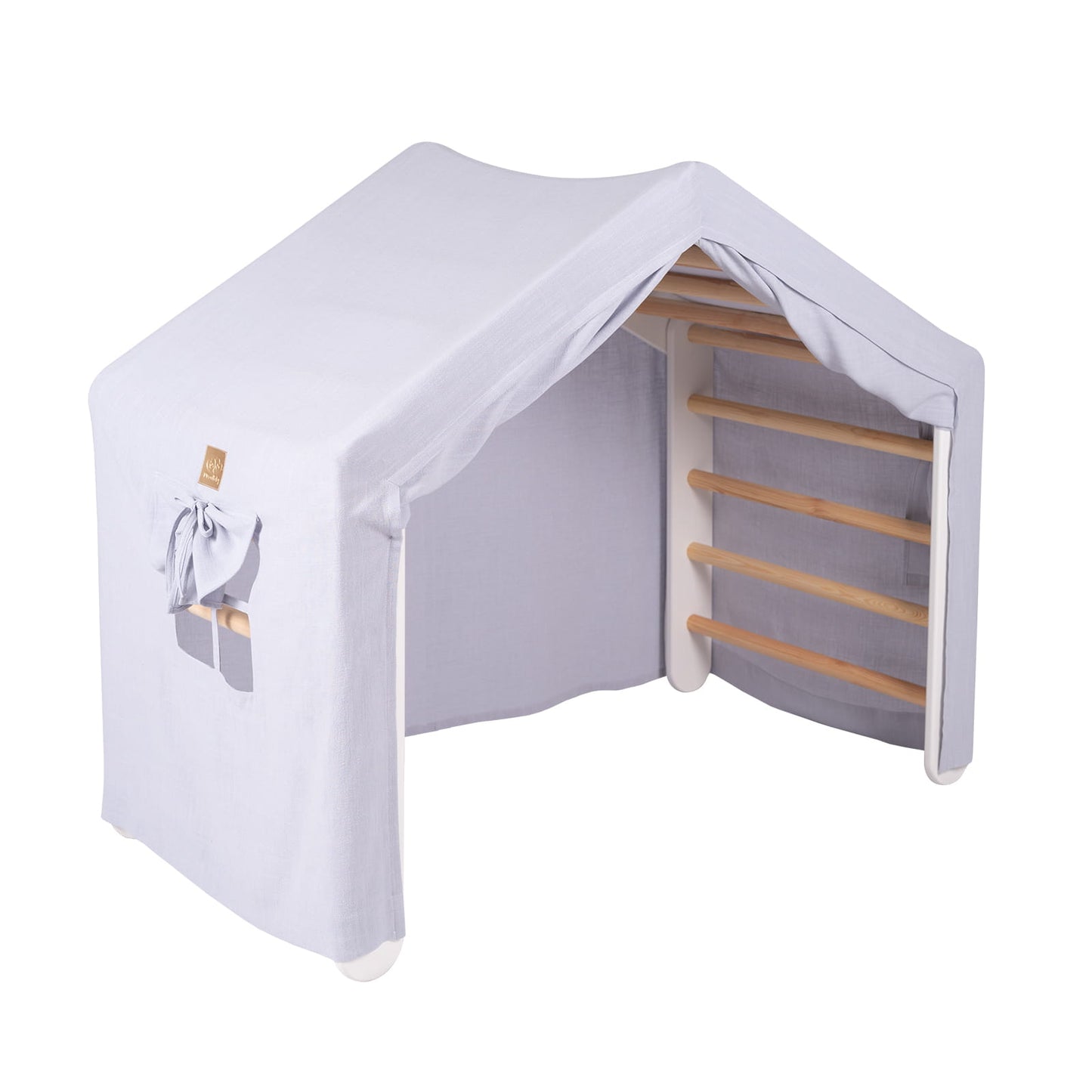 MeowBaby Ladder House Kids Wooden Climbing Frame and Tent – white grey fabric tent cover with wooden ladder | Nestling