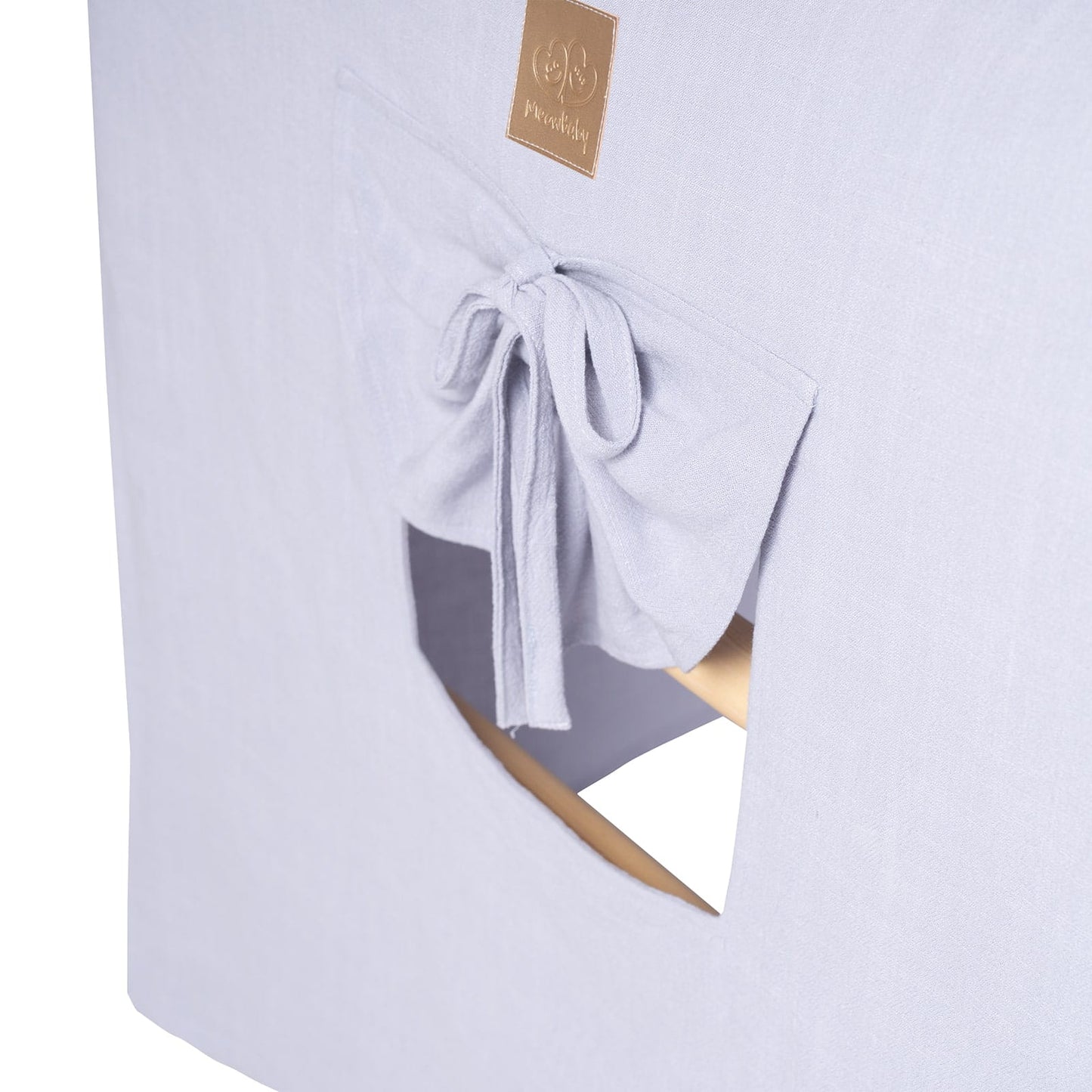 MeowBaby Ladder House Kids Wooden Climbing Frame and Tent – close-up of grey tent fabric tie drape and logo label | Nestling