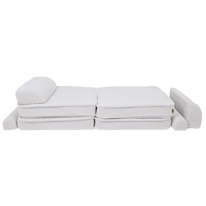 MeowBaby Large Modular Kids Sofa Bearly White Premium – all pieces separated and stacked for storage | Nestling
