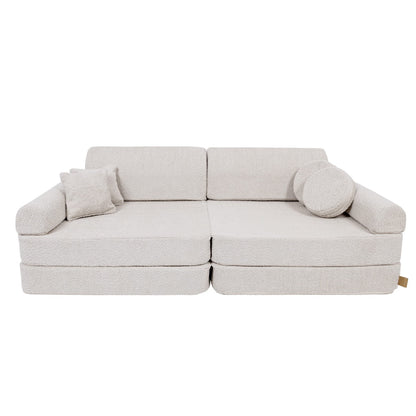 MeowBaby Large Modular Kids Sofa Boucle Champagne Ecru – full sofa assembled with pillows front view | Nestling