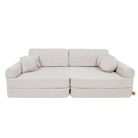 MeowBaby Large Modular Kids Sofa Boucle Champagne Ecru – full sofa assembled with pillows front view | Nestling