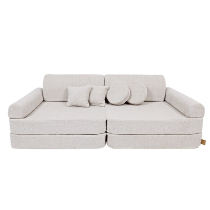 MeowBaby Large Modular Kids Sofa Boucle Champagne Ecru – sofa with square and round pillows arranged | Nestling