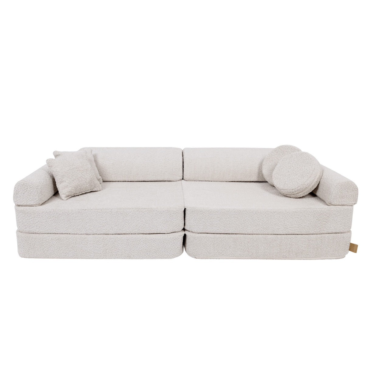 MeowBaby Large Modular Kids Sofa Boucle Champagne Ecru – front view with square and round accent pillows | Nestling