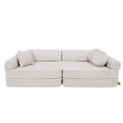 MeowBaby Large Modular Kids Sofa Boucle Champagne Ecru – front view with square and round accent pillows | Nestling
