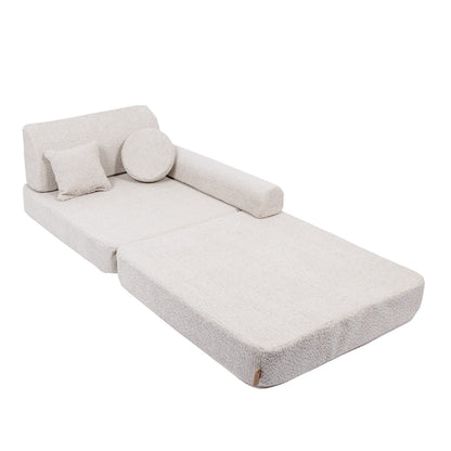 MeowBaby Large Modular Kids Sofa Boucle Champagne Ecru – chaise lounge configuration with bolster and pillow | Nestling
