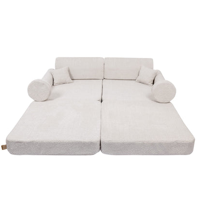 MeowBaby Large Modular Kids Sofa Boucle Champagne Ecru – flat mattress bed configuration with bolster pillows | Nestling