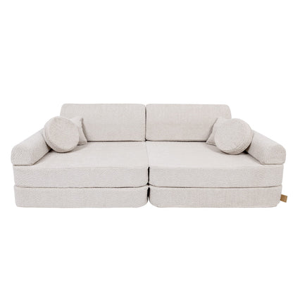 MeowBaby Large Modular Kids Sofa Boucle Champagne Ecru – sofa assembled with round bolster pillows each side | Nestling