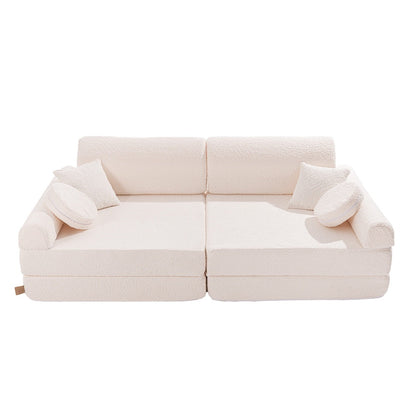 MeowBaby Large Modular Sofa Premium Boucle Kids Couch – child relaxing on white boucle sofa | Nestling