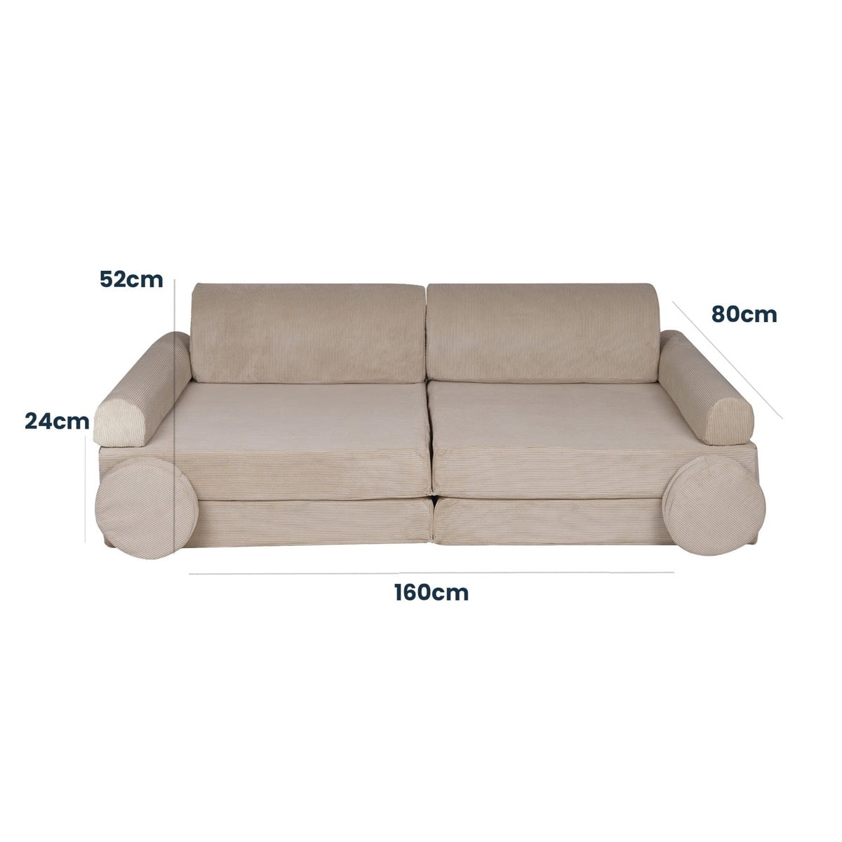 MeowBaby Large Slimcord Foam Sofa Ecru Kids Play Couch – диаграма размери 160x80x52см | Nestling