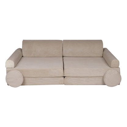 MeowBaby Large Slimcord Foam Sofa Ecru Kids Play Couch – преден изглед пълен диван с кръгли подлакътни възглавници | Nestling
