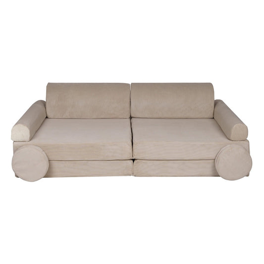 MeowBaby Large Slimcord Foam Sofa Ecru Kids Play Couch – преден изглед пълен диван с кръгли подлакътни възглавници | Nestling