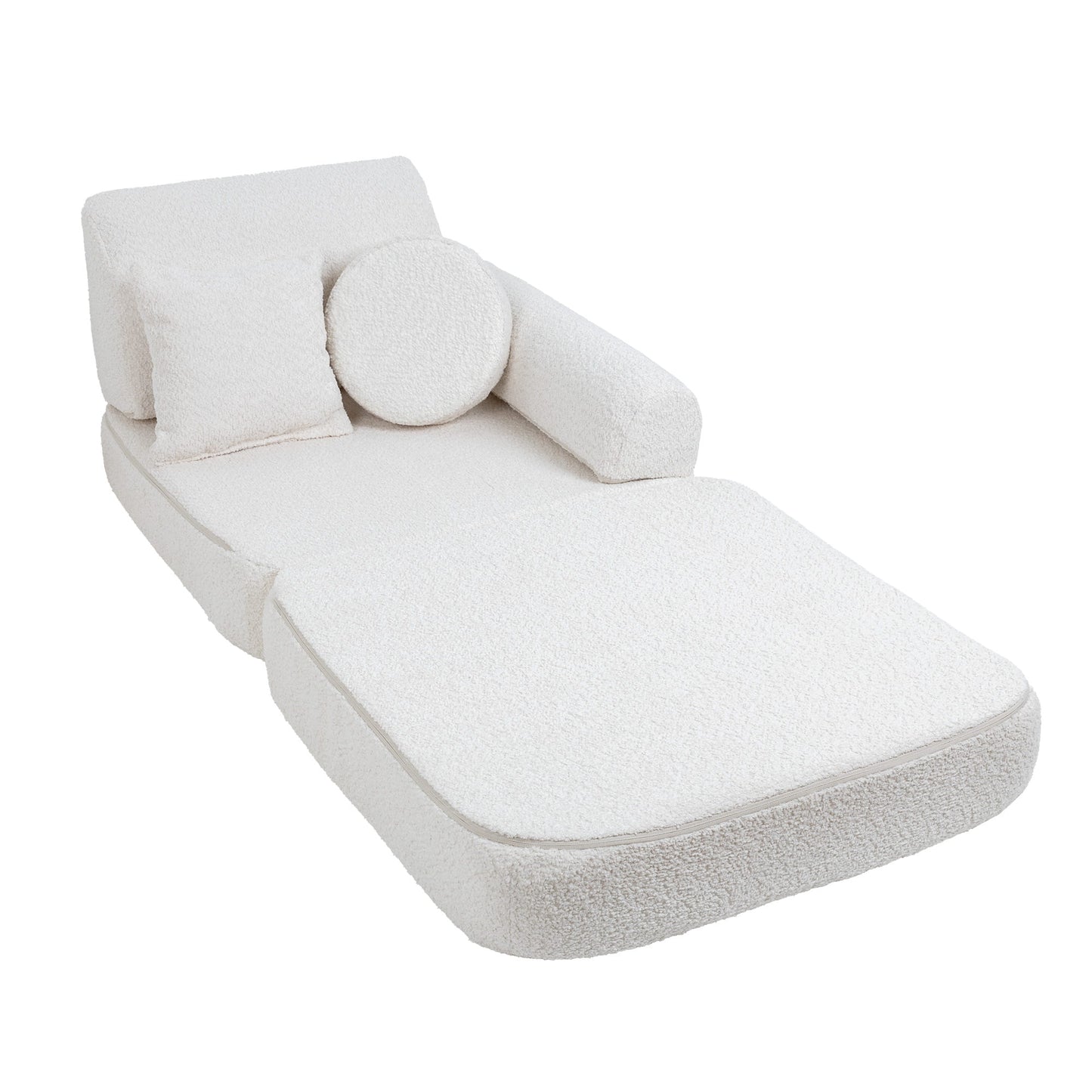 MeowBaby Modular Kids Sofa – Boucle White – конфигурация шезлонг с облегалка и болстер | Nestling