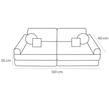 MeowBaby Modular Kids Sofa – Tangle Bubblegum Pink – диаграма размери 120x60x25см | Nestling