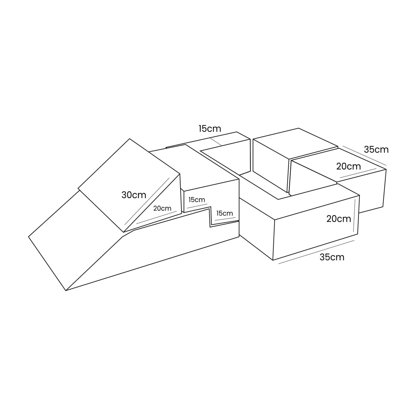 Dimension diagram showing individual brick sizes and arrangement measurements for soft play set