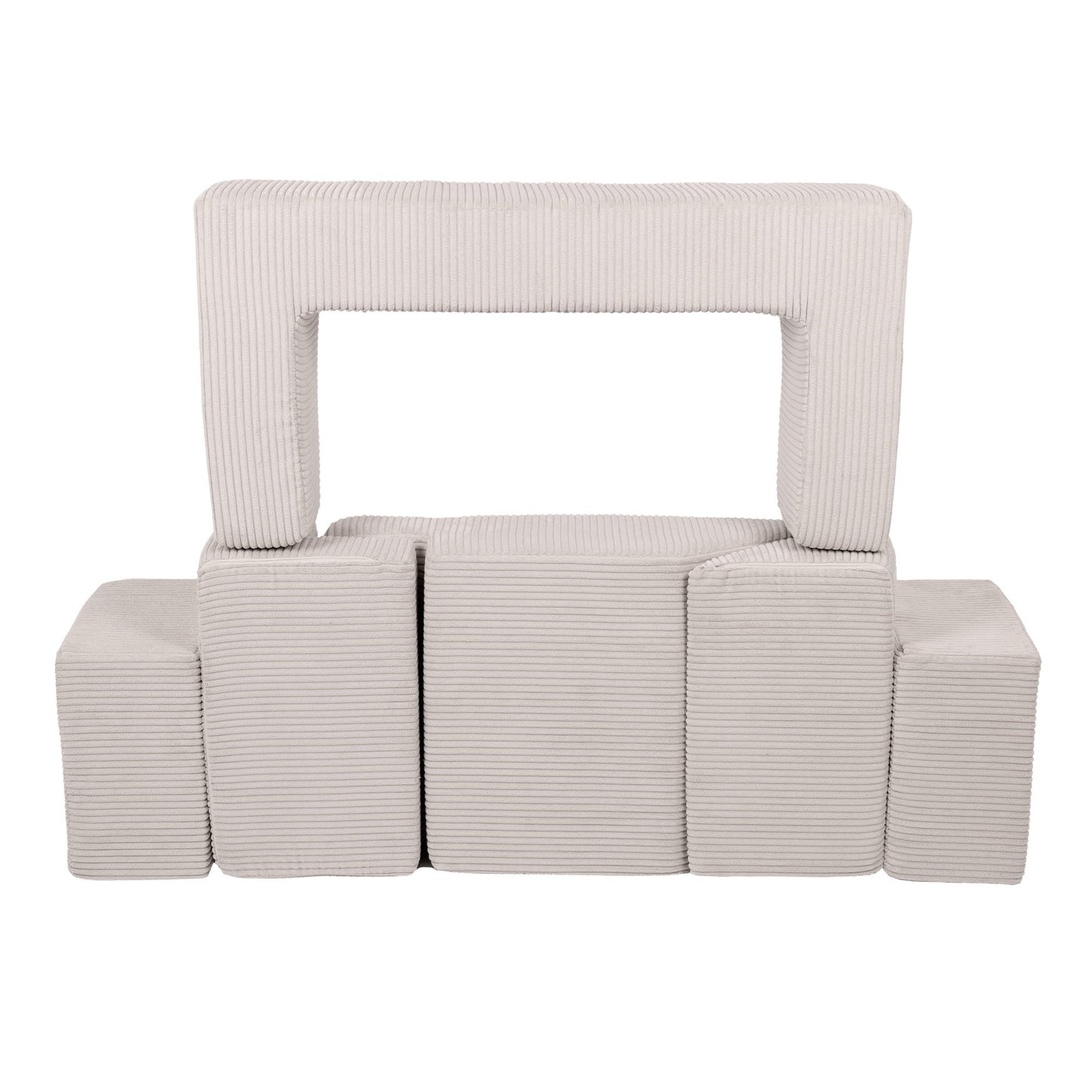 Ecru brick blocks arranged as a enclosed fort with arched opening and storage compartments