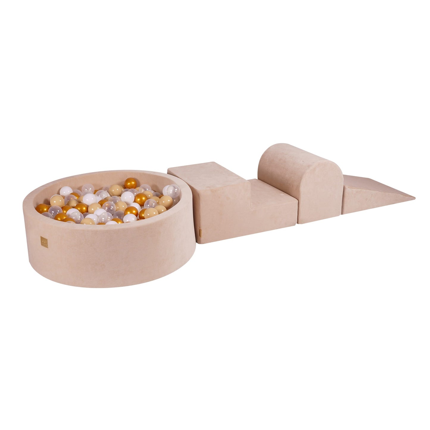 Beige foam playset with ball pit containing gold, beige, white and transparent balls, plus stacking blocks