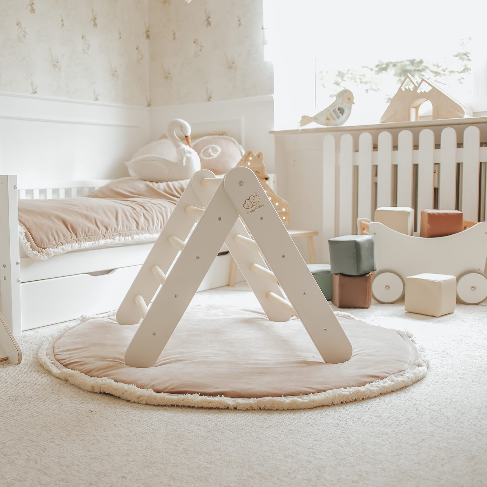 MeowBaby White Ladder House Pink Cover – playhouse with open pink tent cover | Nestling