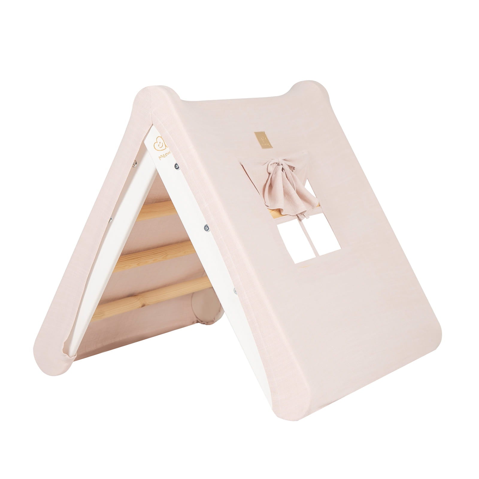 MeowBaby White Ladder House Pink Cover – fully assembled white playhouse in playroom | Nestling