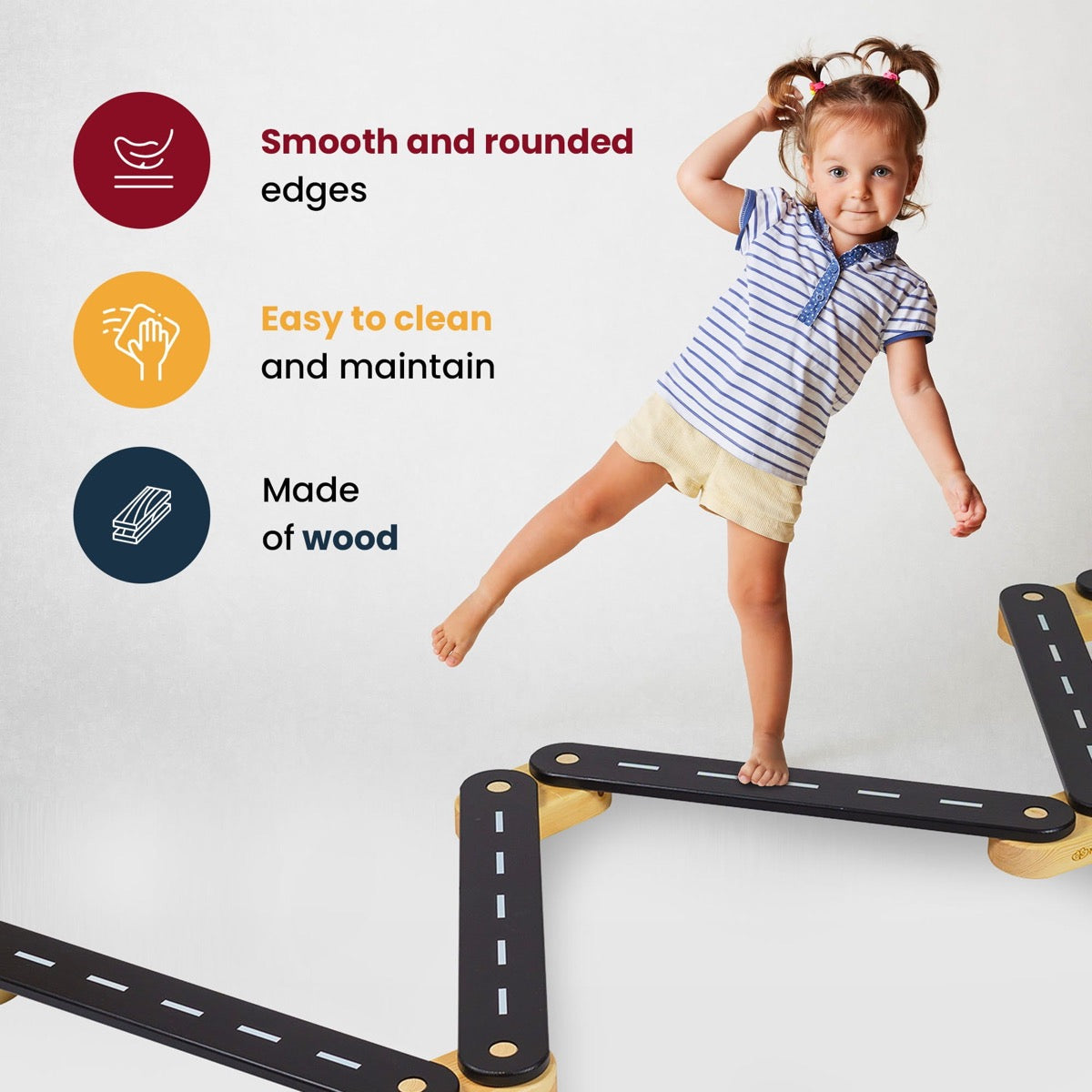 MeowBaby Wooden Balance Beam Sensory Path for Kids – colour options and features infographic | Nestling