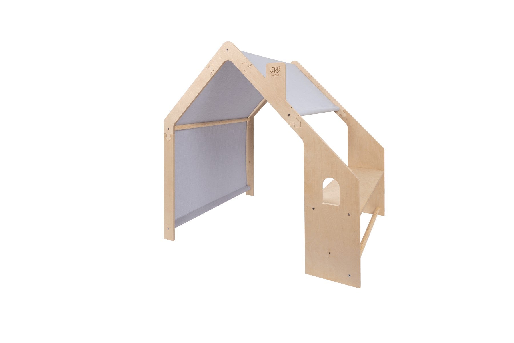 Wooden playhouse with gray canvas roof and fabric wall panels, three-quarter view