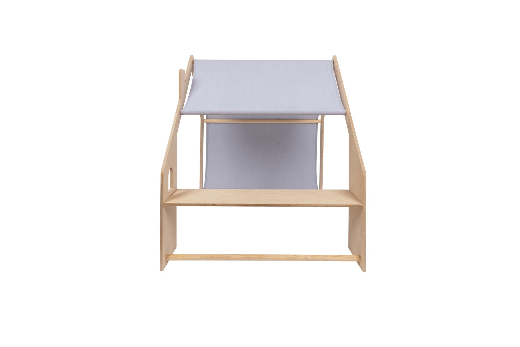 Top-down view of wooden house frame with gray roof and open floor space