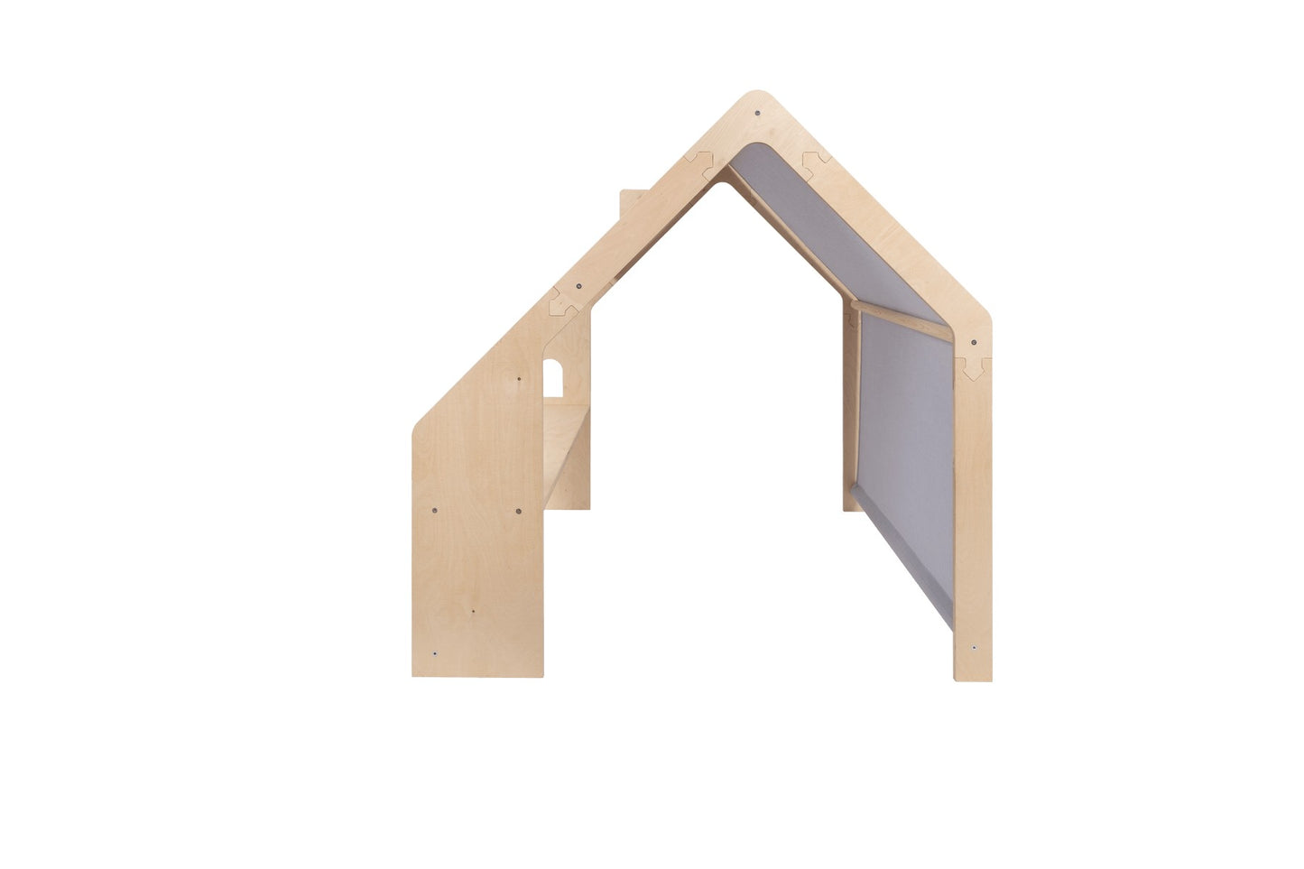 Wooden house structure with gray roof and fabric side panel, front entrance visible