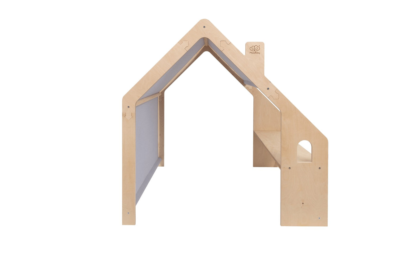 Natural wood children's house with peaked gray roof and open doorway, front perspective