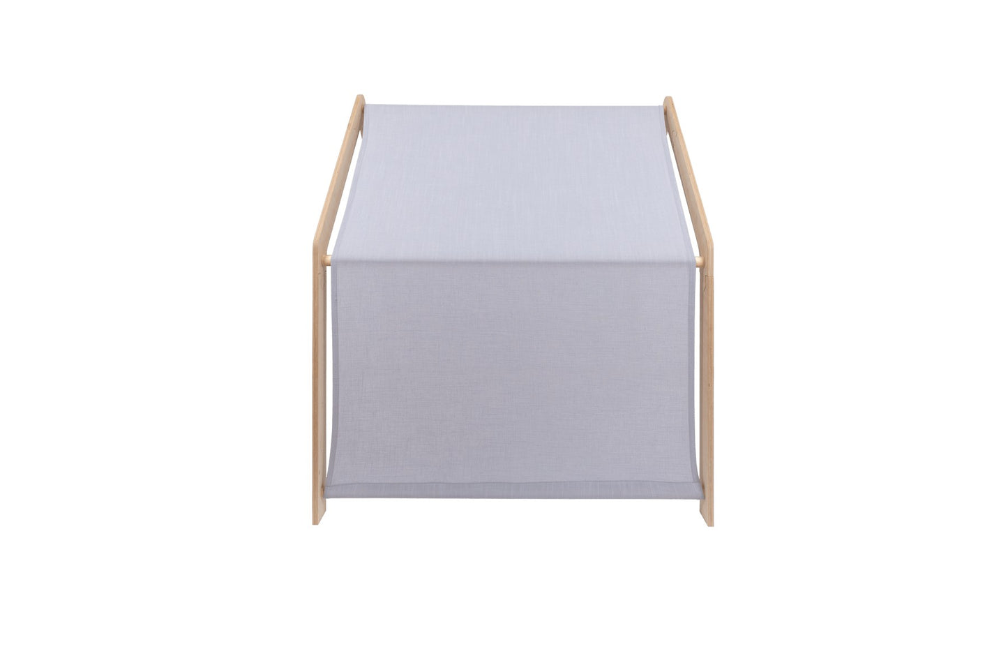Wooden house base with gray roof showing complete fabric enclosure and frame