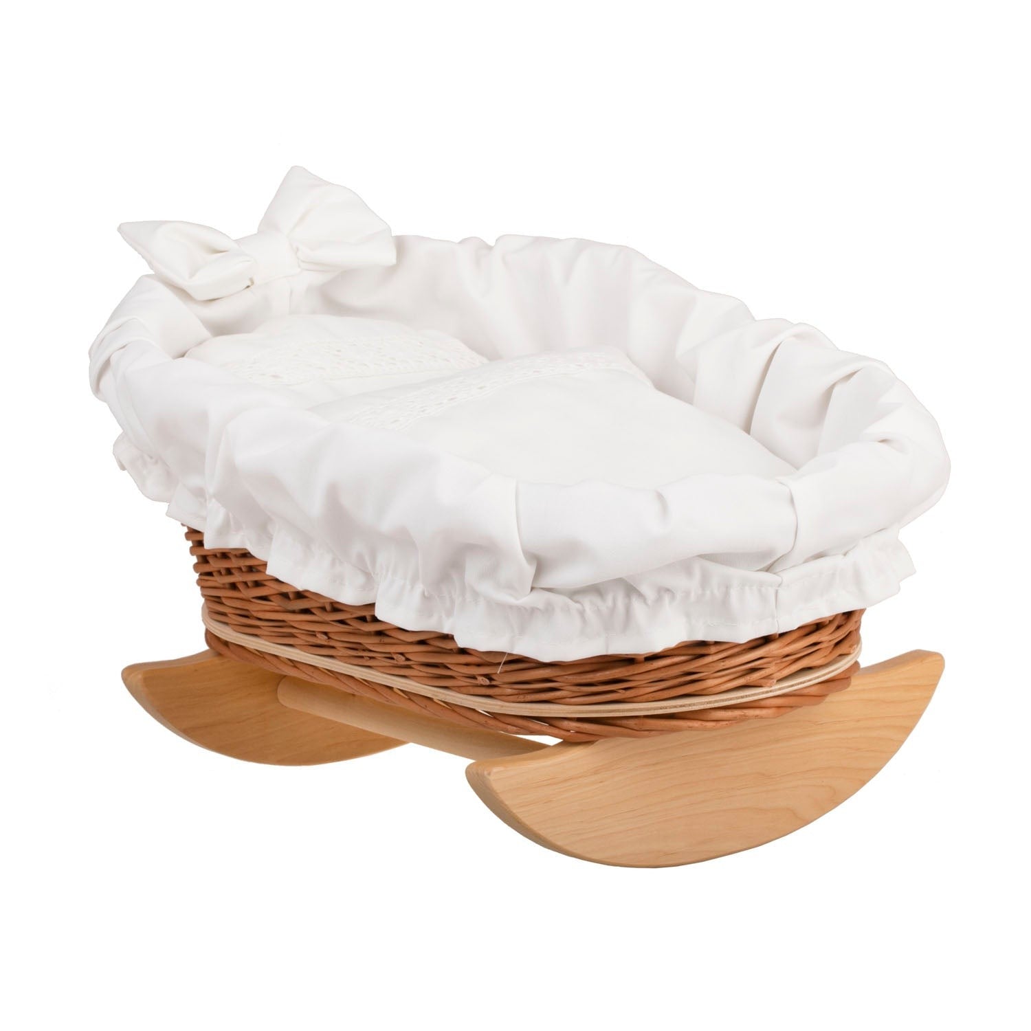 Mimi wicker cradle for dolls featuring white lining and complete bedding set
