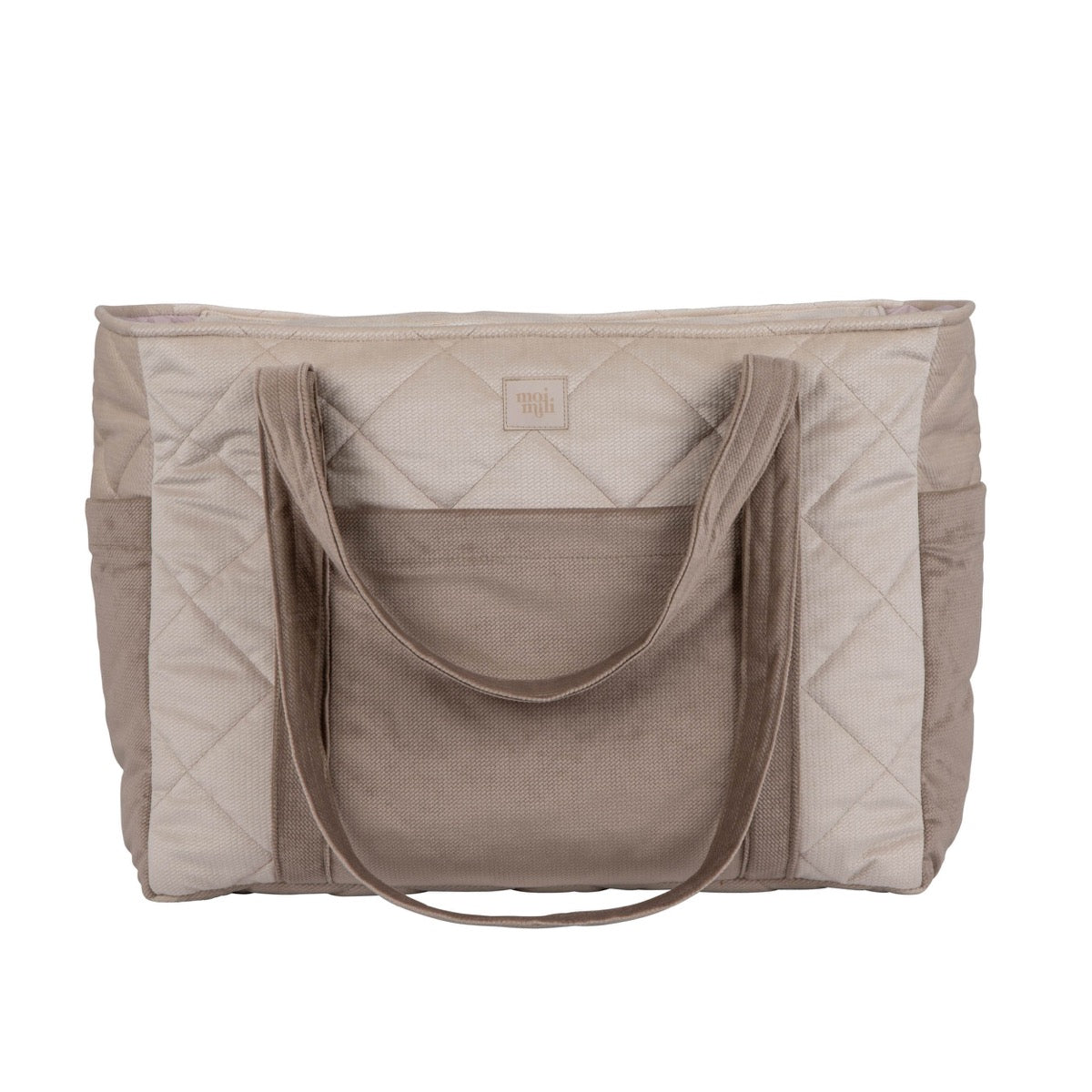 Top-down view of beige weekender bag showing quilted pattern and dual handles on white background