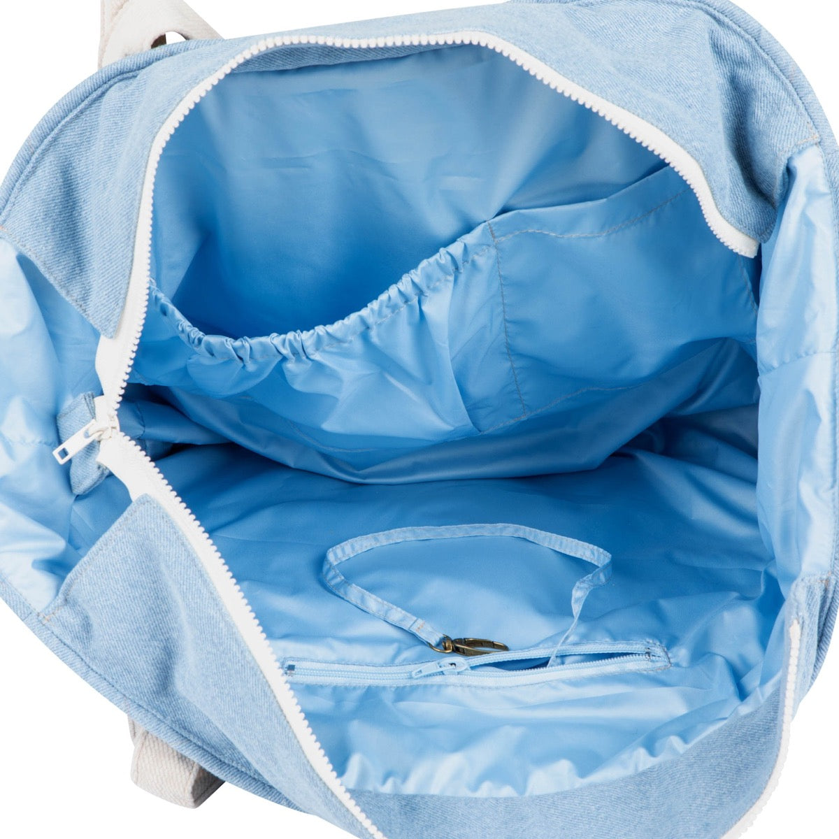 Open jeans weekender bag interior showing waterproof blue lining and inner organizational pockets