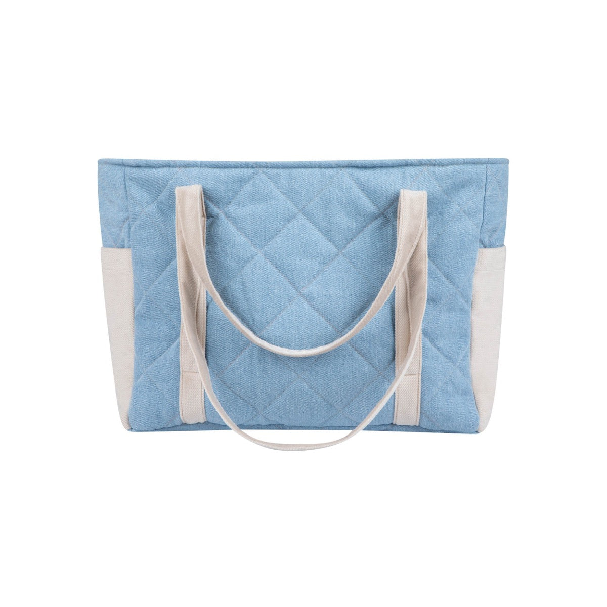 Top-down view of jeans weekender bag with quilted design and cream cotton handles