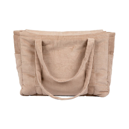 Latte velvet weekender bag front view with dual handles and ribbed texture