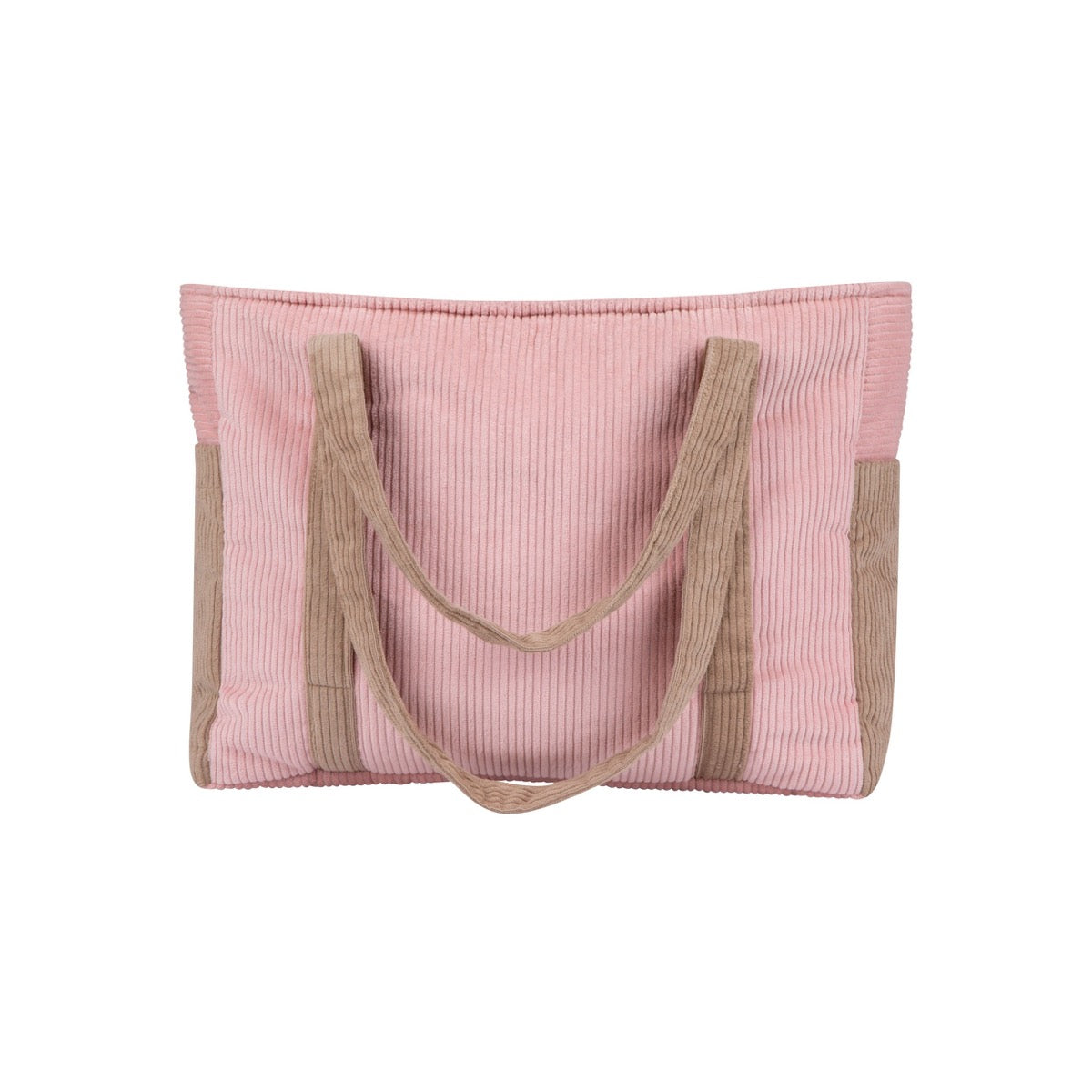 Top-down view of pink coffee velvet cotton mom bag with tan handles