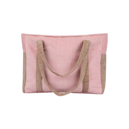 Top-down view of pink coffee velvet cotton mom bag with tan handles