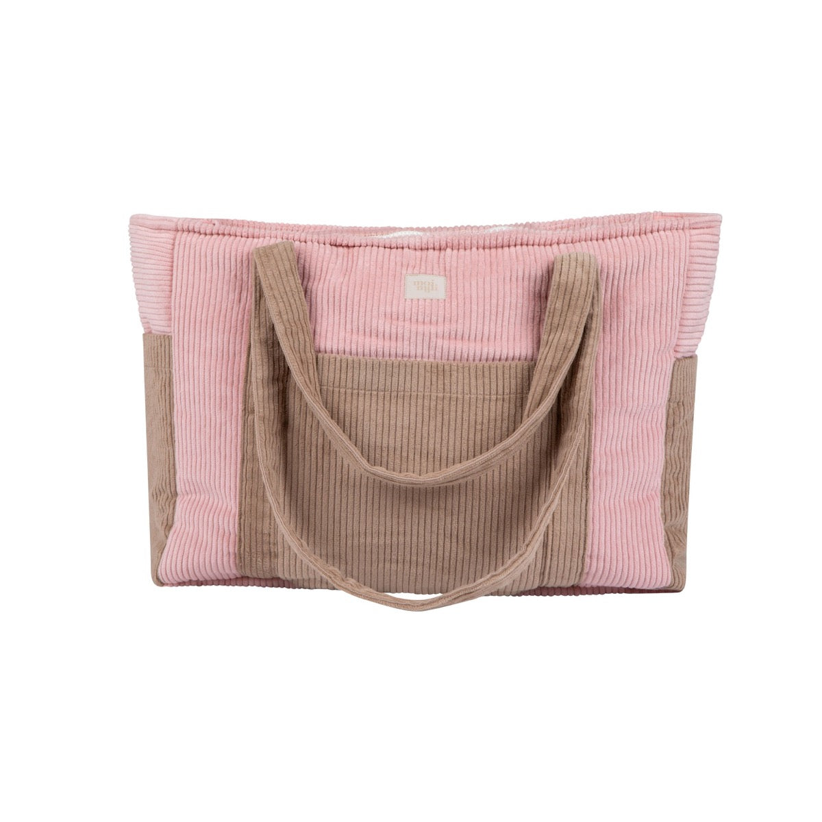 Front view of pink coffee weekender bag displaying color blocking design