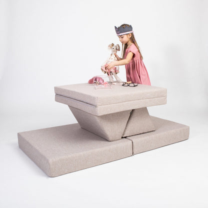 Girl Standing on Monboxy Activity Play Mattress Set Beige Table Configuration – Nestling