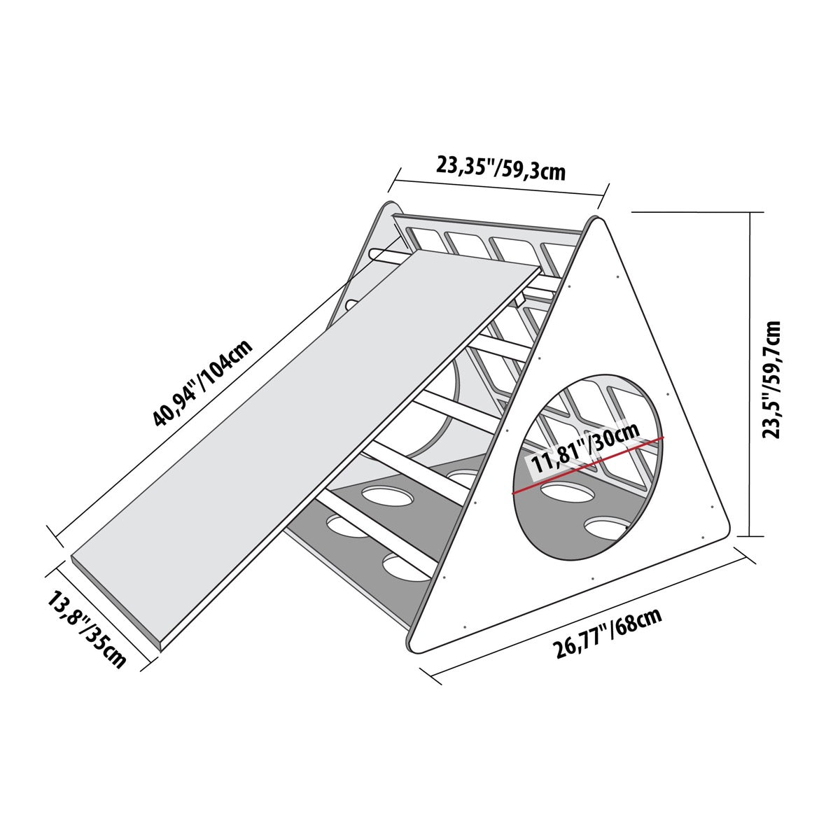 Montessori climbing triangle with ramp dimensions and specifications diagram showing measurements