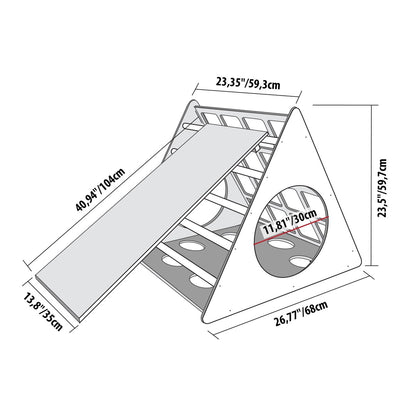 Montessori climbing triangle with ramp dimensions and specifications diagram showing measurements