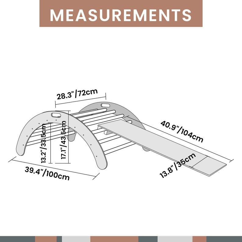 Measurement diagram of 3-in-1 climbing arch showing dimensions and angles