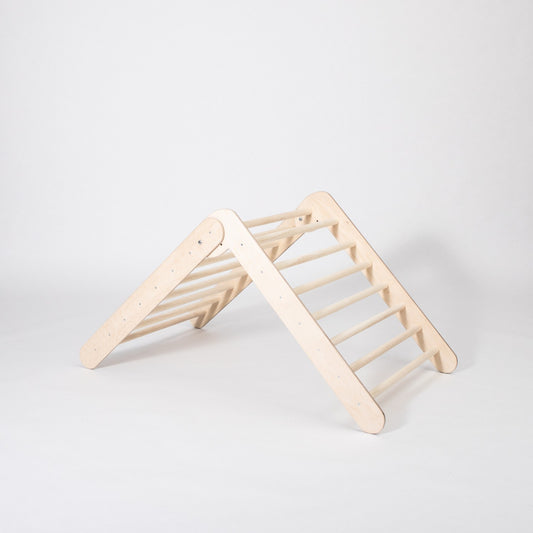 Natural birch climbing triangle with eight rungs on each side, shown in open position