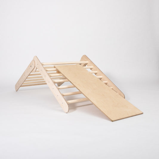Natural birch plywood climbing triangle with ramp and wooden climbing rings