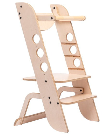 Luula Louis learning tower front view showing circular hand holes and adjustable pegs