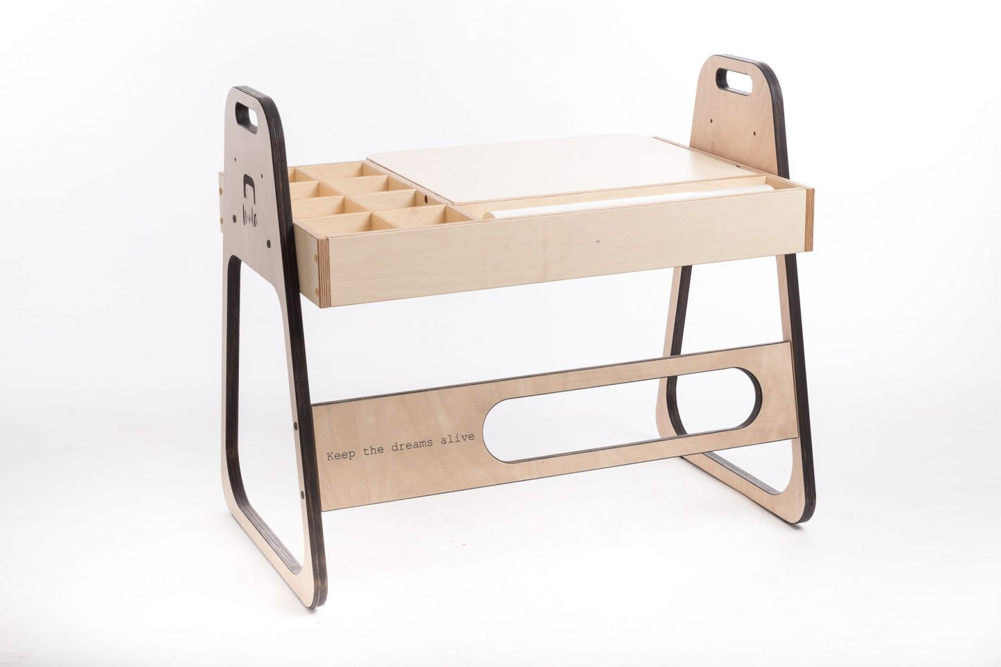 Luula Julle desk with white writing surface and divided storage tray, angled view