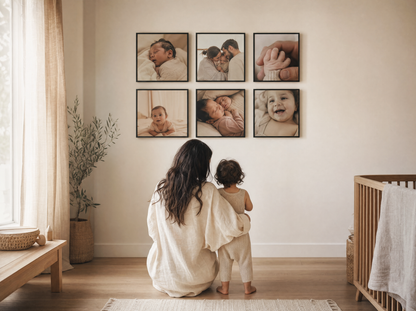 Mother and toddler looking at a wall of personalised family photo tiles