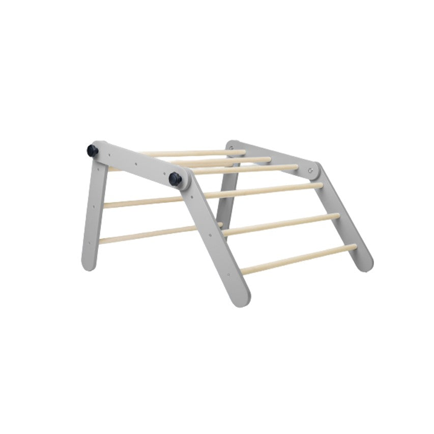 Gray and natural wood Pikler triangle climbing frame shown at angle against white background