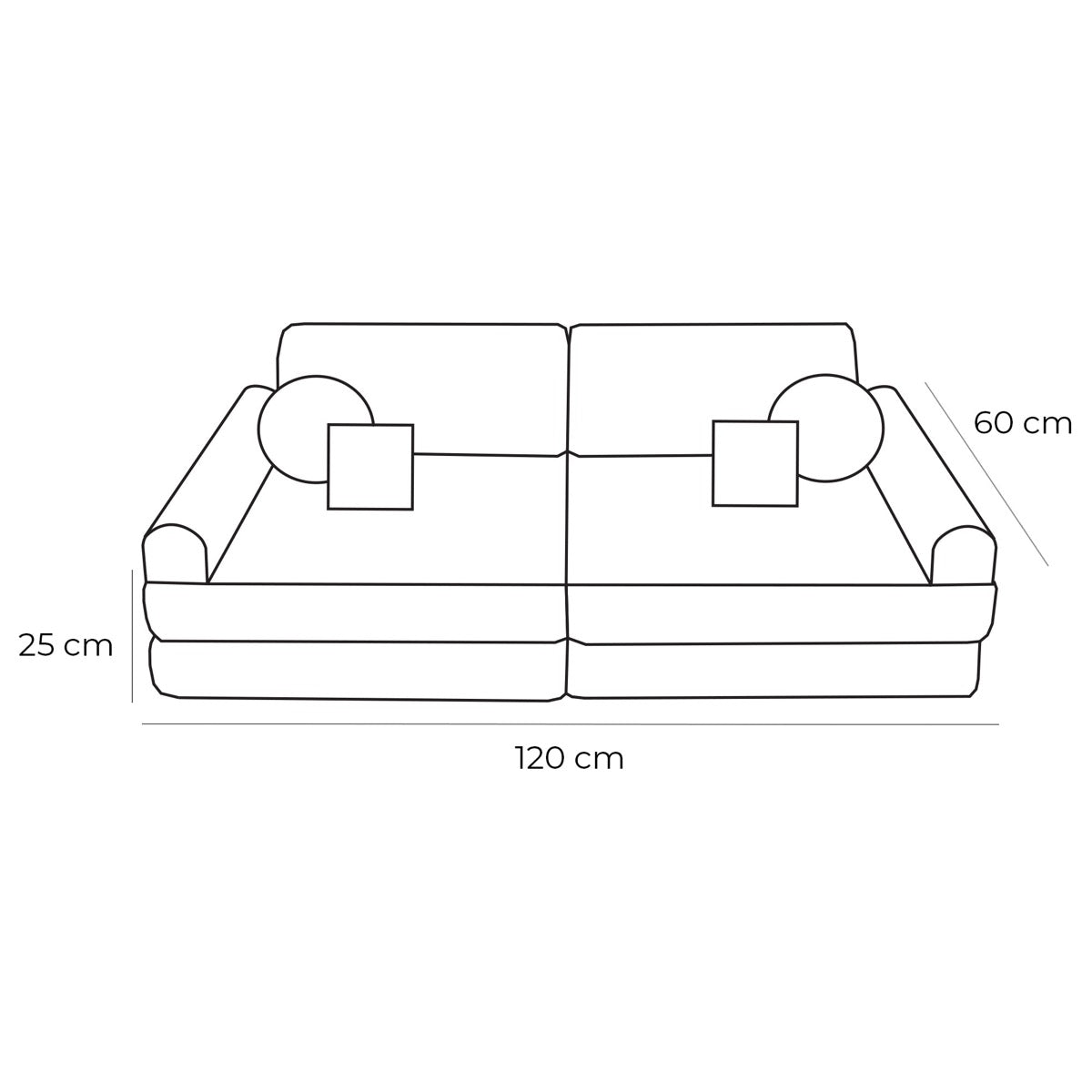 MeowBaby modular sofa dimension diagram showing 120cm width, 60cm height, 25cm depth